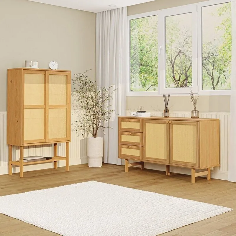 Kit Buffet 2 Portas 3 Gavetas Rattan e Cristaleira Porta Rattan Magna CabeCasa MadeiraOriginals Bege Mel