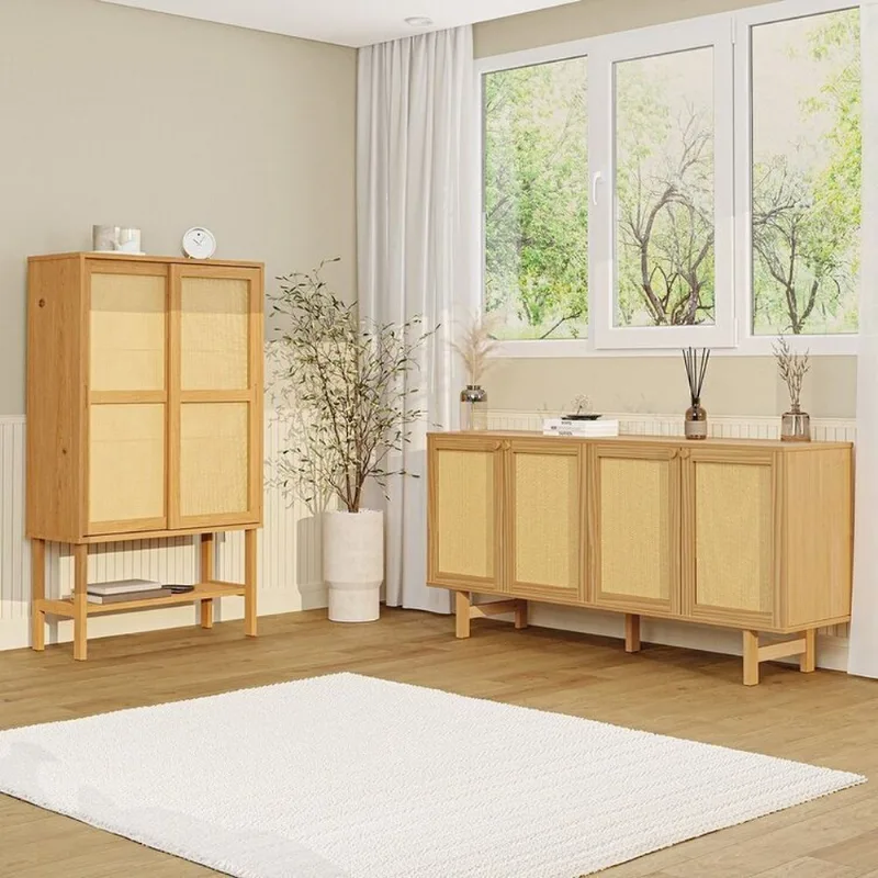 Kit Balcão 4 Portas Rattan com Cristaleira Porta Rattan Magna CabeCasa MadeiraOriginals Mel