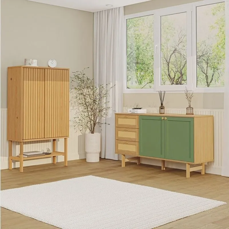 Kit Buffet 2 Portas Laca 3 Gavetas Rattan com Cristaleira Porta Ripada Magna Cabecasa
