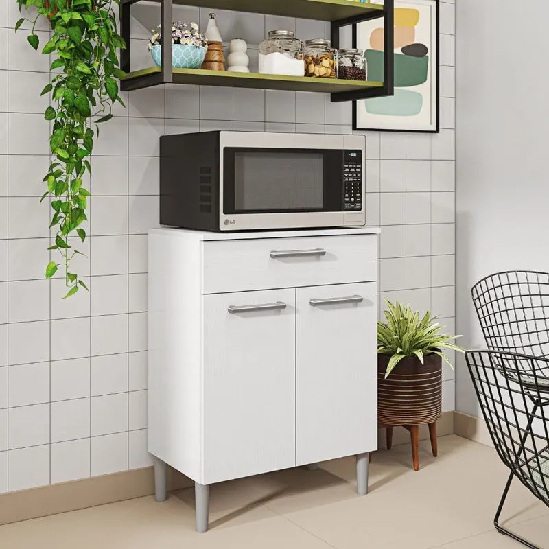 Balcão Multiuso Para Microonda 60cm 2 Portas 1 Gaveta Diamante Branco Branco