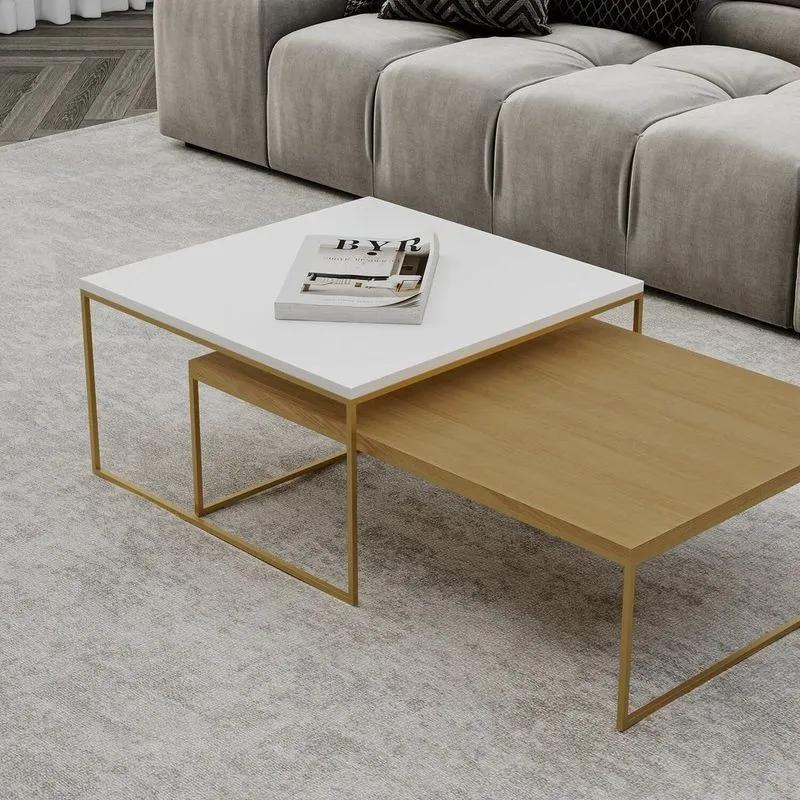 Conjunto Mesa De Centro Minori Maiori 35 X 100% Mdf 65 X 90 Cm Branco Branco / Natural / Dourado