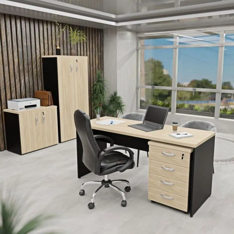 Conjunto 4 Peças Com Mesa Para Escritório, Gaveteiro E 2 Armários Carvalho Preto Bege Carvalho / Preto