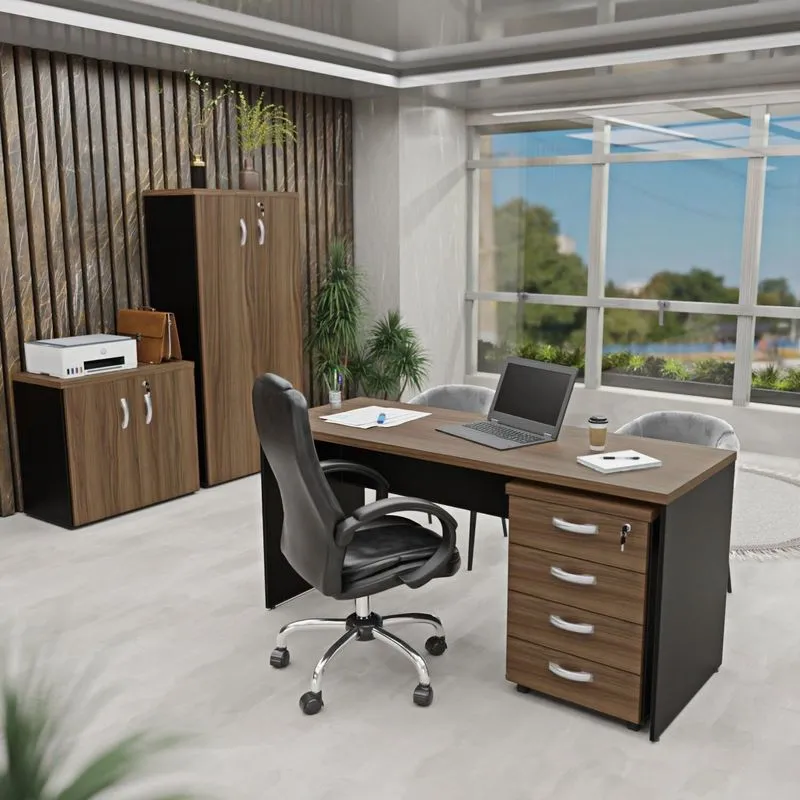 Conjunto 4 Peças Com Mesa Para Escritório, Gaveteiro E 2 Armários Nogal Preto Marrom Nogal / Preto
