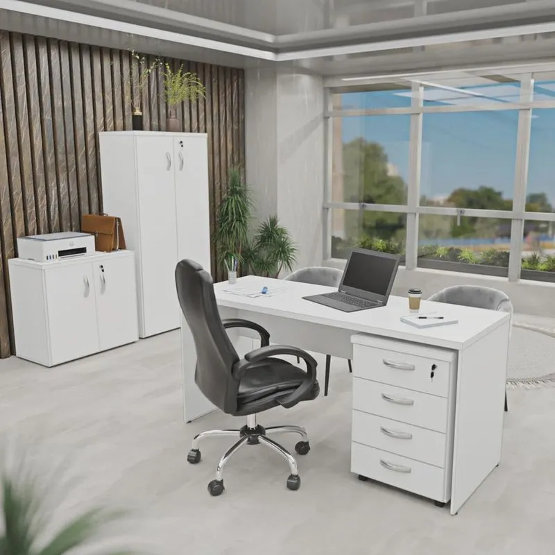 Kit 4 Peças com Mesa para Escritório, Gaveteiro e 2 Armários