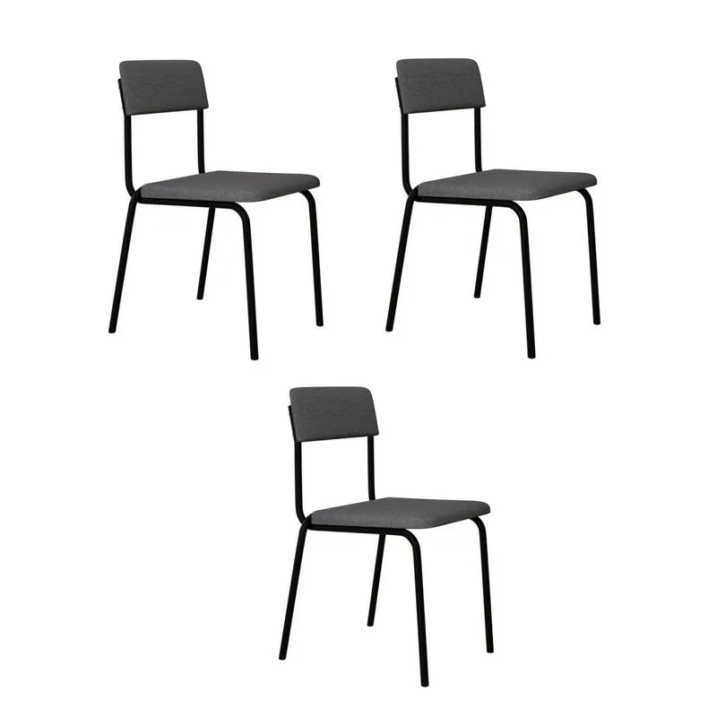 Conjunto 3 Cadeiras Estofadas Fixa Empilhável Fit Cinza Corriente/preto Fosco Mt Cinza Claro Corriente / Preto Fosco Mt