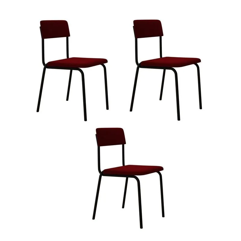 Conjunto 3 Cadeiras Estofadas Fixa Empilhável Fit Vermelho/vinho City/preto Fosco Vermelho Vinho City / Preto Fosco
