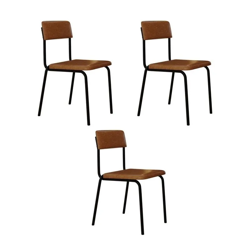 Conjunto 3 Cadeiras Estofadas Fixa Empilhável Fit Marrom/caramelo/preto Fosco Caramelo / Preto Fosco