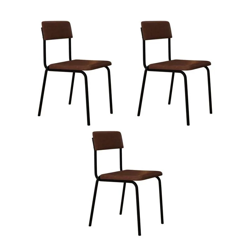 Conjunto 3 Cadeiras Estofadas Fixa Empilhável Fit Marrom/whisky/preto Fosco Whisky / Preto Fosco