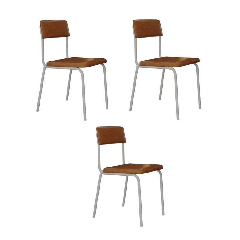 Conjunto 3 Cadeiras Estofadas Fixa Empilhável Fit Marrom/caramelo/branco Fosco Caramelo / Branco Fosco