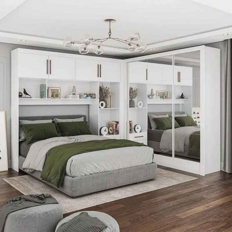 Guarda-roupa Casal Modulado 4 Portas Santiago 3 Portas Premium 5 Gaveta com Espelho Branco