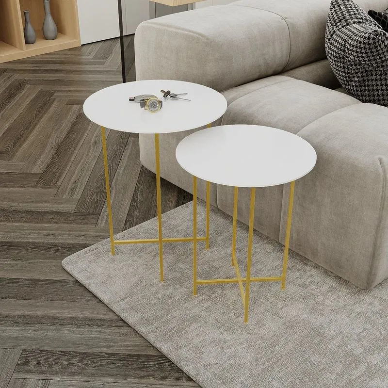 Conjunto Mesa Lateral De Canto Rome 100% Mdf 57cm X 45cm X 45cm Branco Branco / Dourado