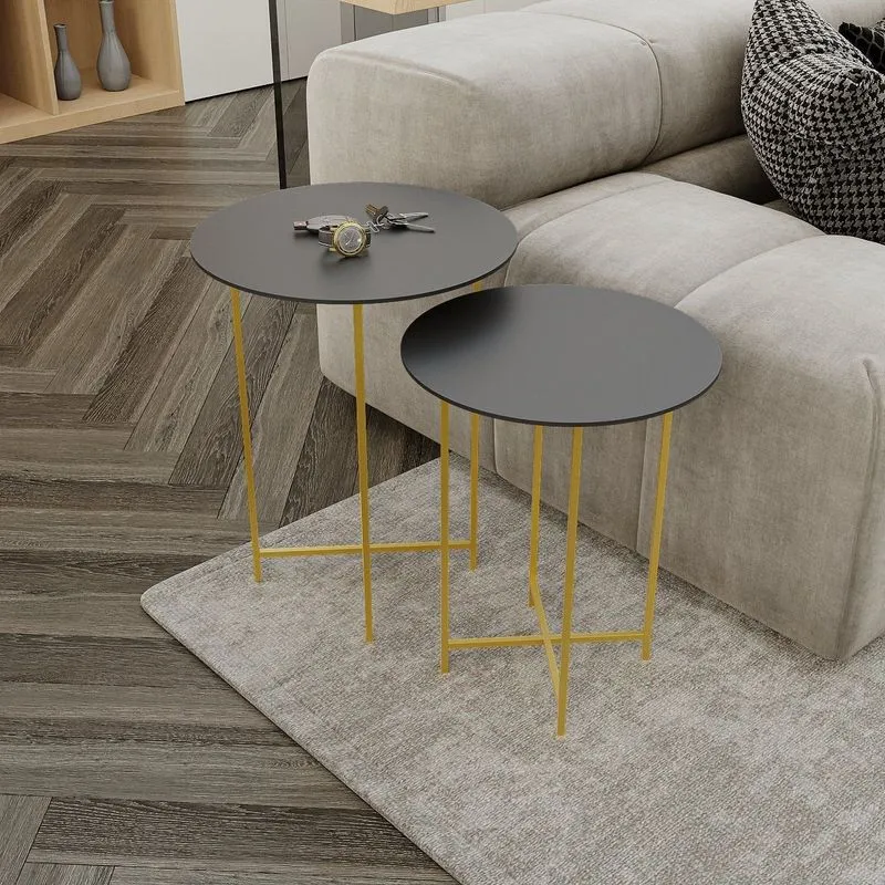 Conjunto Mesa Lateral De Canto Rome 100% Mdf 57cm X 45cm X 45cm Preto Preto / Dourado