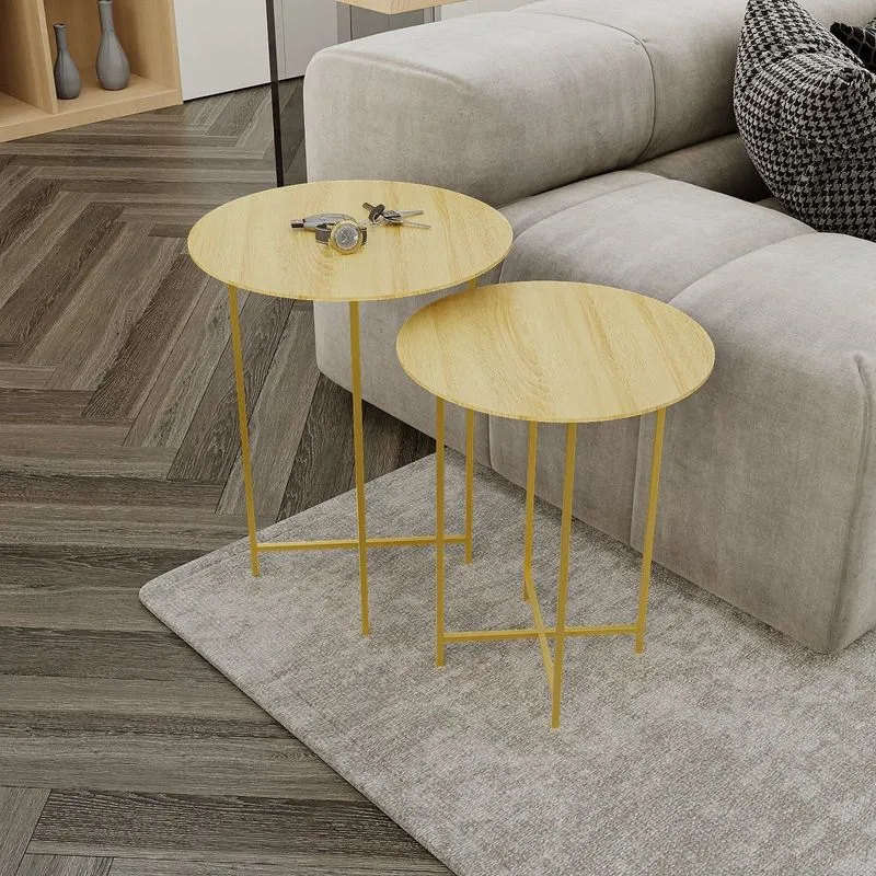 Conjunto Mesa Lateral De Canto Rome 100% Mdf 57cm X 45cm X 45cm Marrom Natural Tawary / Dourado