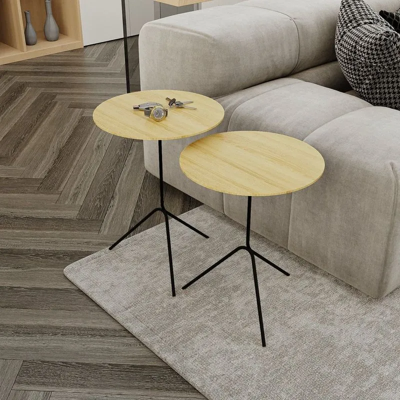 Conjunto Mesa Lateral De Canto Pugly 55x40x40cm Marrom 100% Mdf Natural Tawary / Preto
