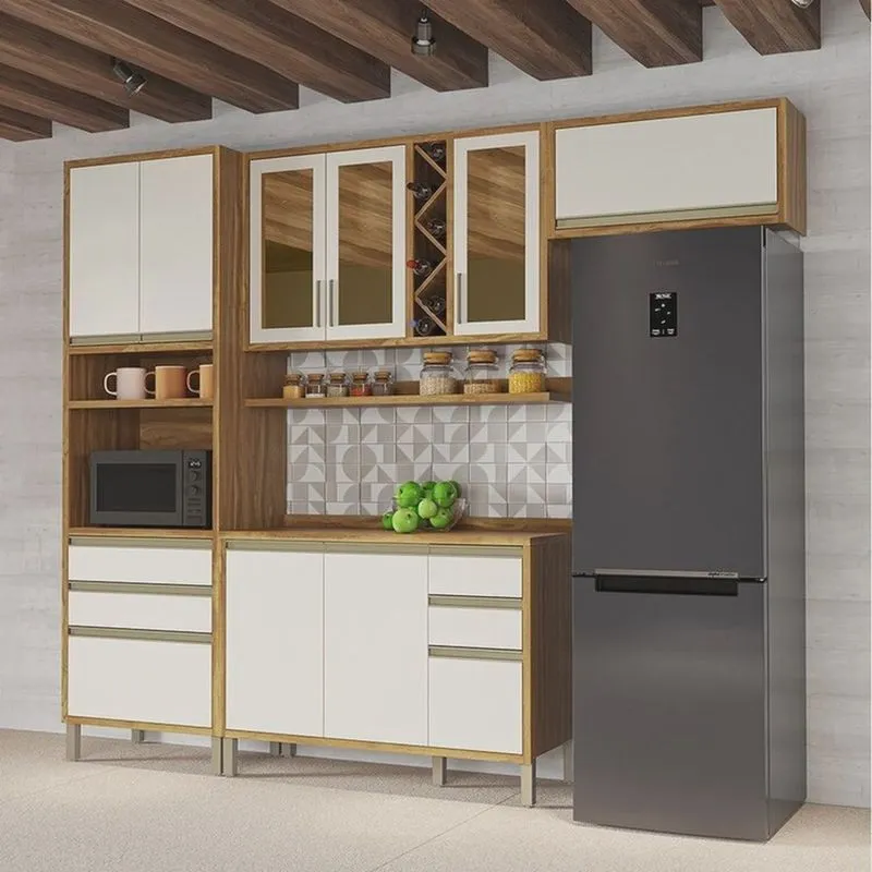 Cozinha Modulada Compacta 4 Peças 9 Portas com Vidro e Tampo 100% Mdf Barbados Espresso Móveis