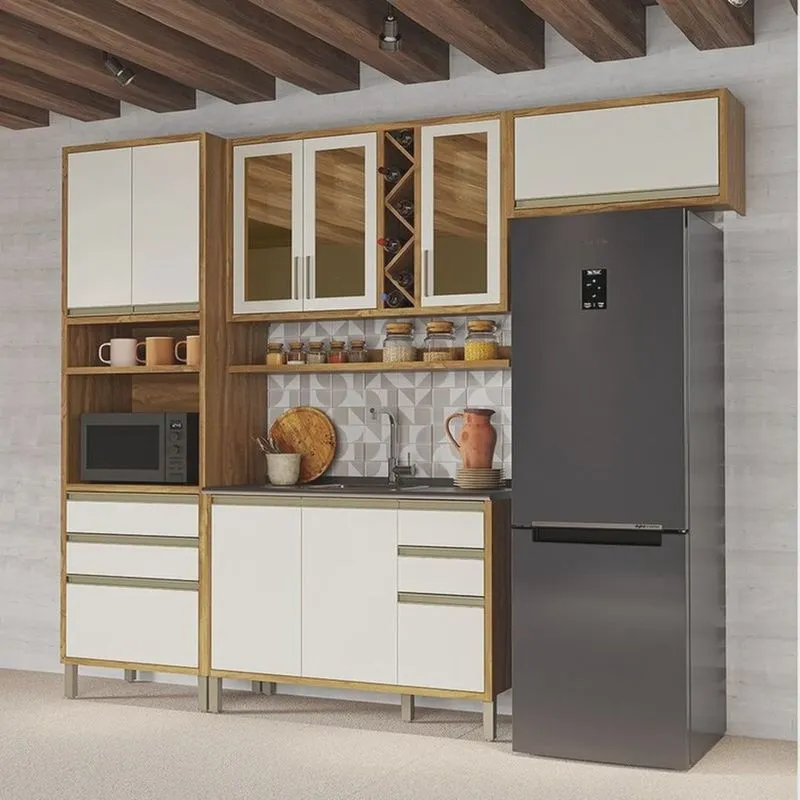 Cozinha Modulada Compacta 4 Peças 9 Portas e Vidro Reflecta 100% Mdf Barbados Espresso Móveis