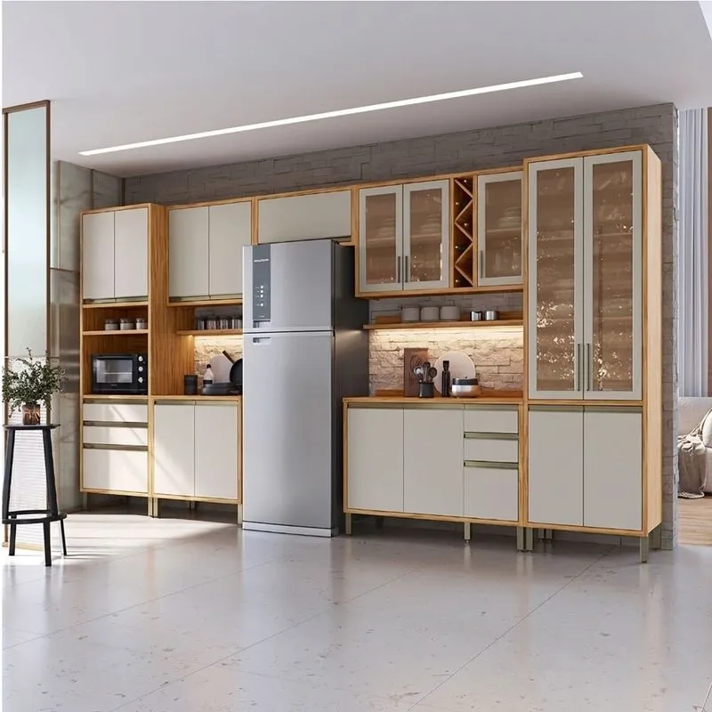 Armário De Cozinha Completa Modulada 7 Peças 17 Portas Com Vidro E Tampo 100% Mdf Barbados Espresso Móveis Bege/amêndoa/off White Amêndoa/off White
