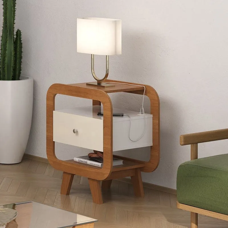 Mesa Lateral De Apoio Theo Com Usb Marrom 100% Mdf Cinamomo/ Off White