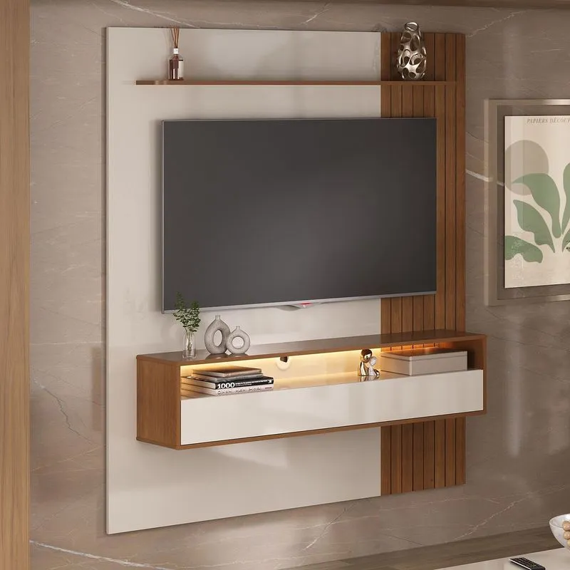 Painel Ripado Para Tv Até 65 Polegadas Com Led Mdf 160cmx180cm Matisse Marrom Cinamomo /off White