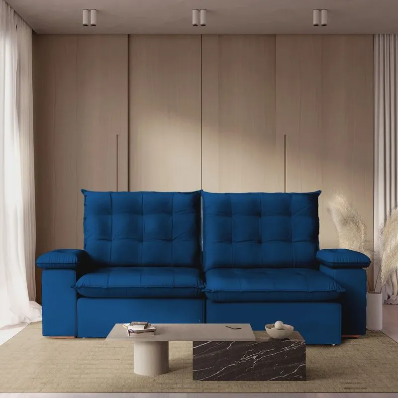 Sofá Retrátil Reclinável 210 Cm Luxor Estofados Veludo Azul