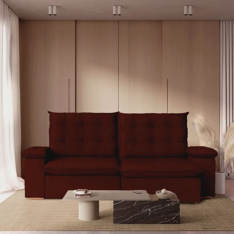 Sofá Retrátil Reclinável 250 Cm Luxor Veludo Bordô