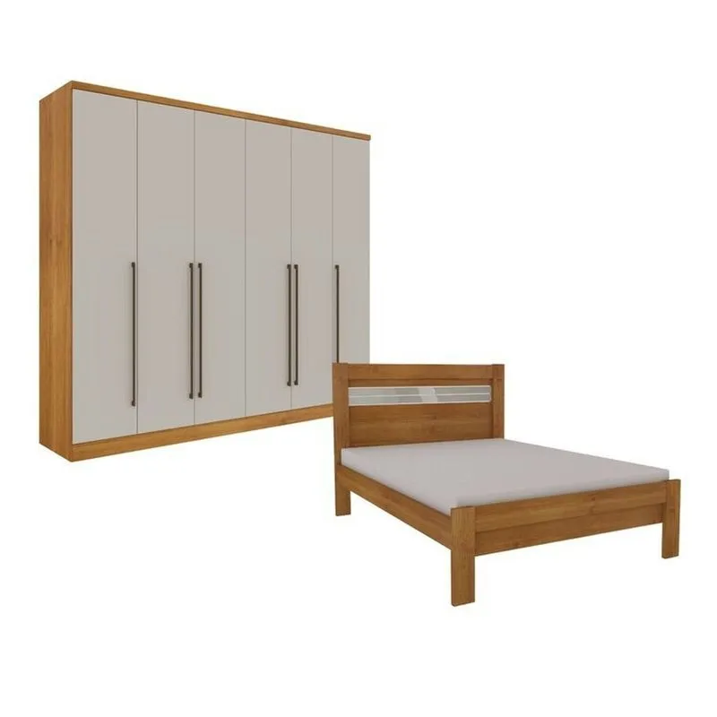 Quarto De Casal Guarda-roupa 6 Portas Portugal E Cama Casal Safira Espresso Móveis Bege/cinamomo/off White Cinamomo/off White