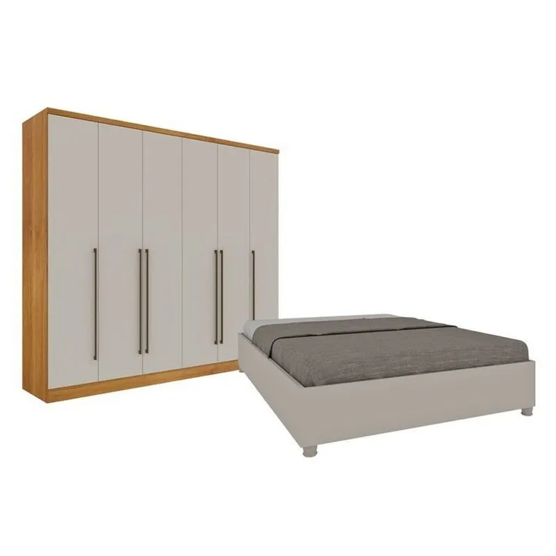 Quarto De Casal Guarda-roupa 6 Portas Portugal E Cama Box Casal Monaco Espresso Móveis Bege/cinamomo/off White Cinamomo/off White