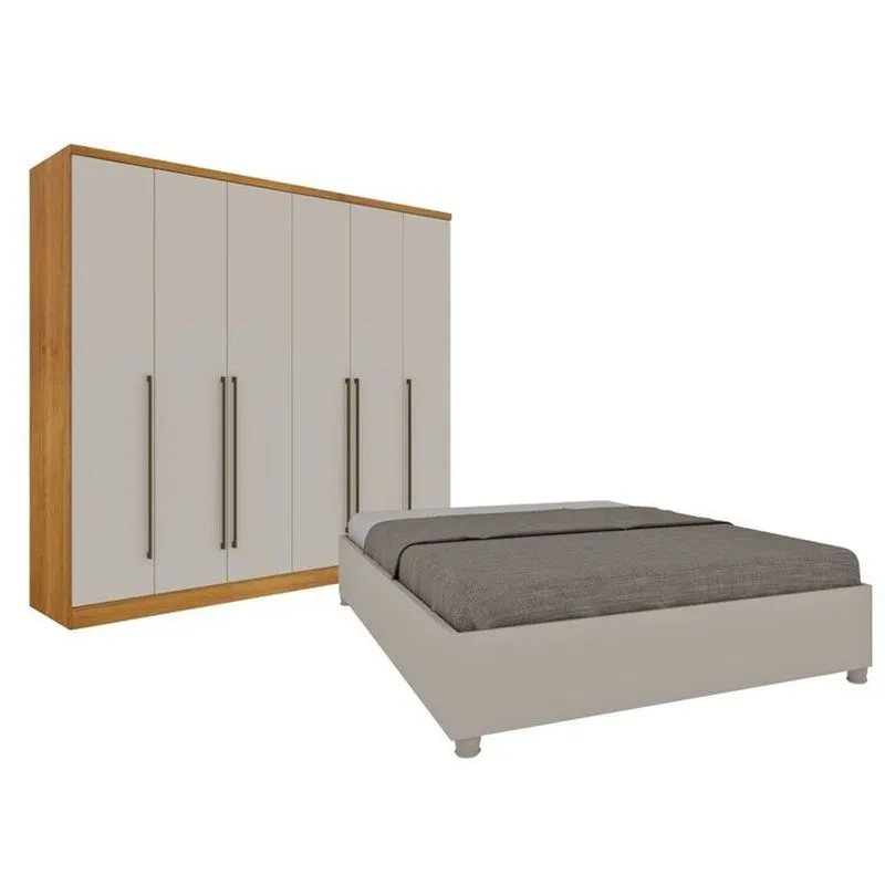 Quarto De Casal Guarda-roupa 6 Portas Portugal E Cama Box Casal Queen Monaco Espresso Móveis Bege/cinamomo/off White Cinamomo/off White