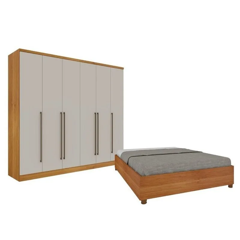 Quarto De Casal Guarda-roupa 6 Portas Portugal E Cama Box Casal Monaco Espresso Móveis Bege/cinamomo/off White Cinamomo/off White