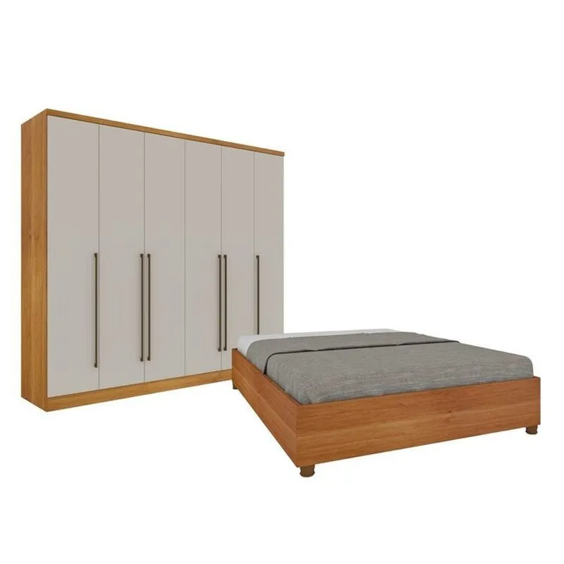 Quarto De Casal Guarda-roupa 6 Portas Portugal E Cama Box Casal Queen Monaco Espresso Móveis Bege/cinamomo/off White Cinamomo/off White