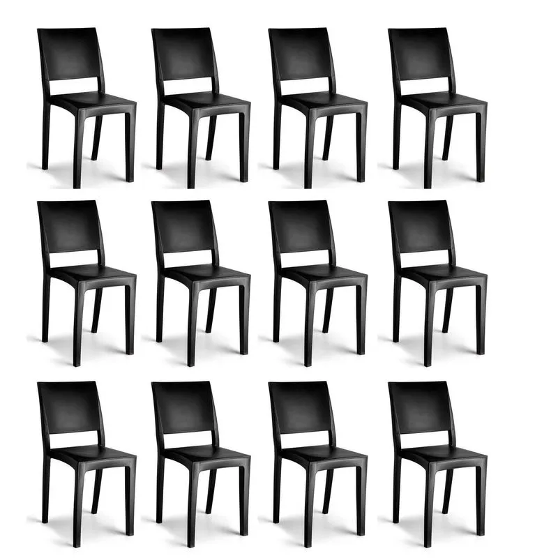 Conjunto 12 Cadeiras De Plástico Polipropileno Empilhável Hydra Plus Preto Preto