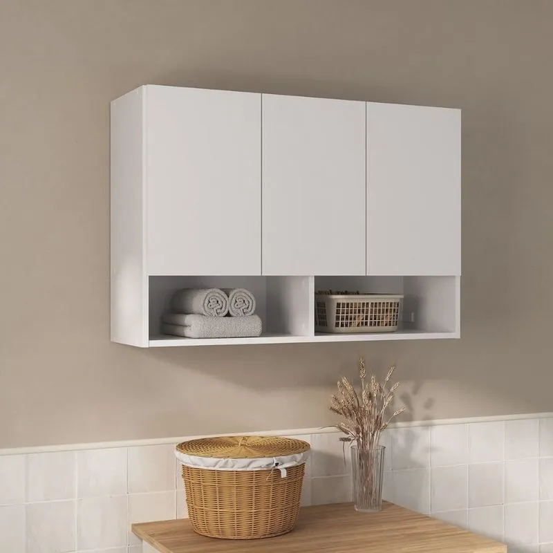 Armário Aéreo Milão Multiuso Cozinha Lavanderia Banheiro 3 Portas e 2 Nichos Branco