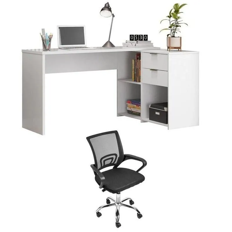 Conjunto 2 Peças Com Mesa Escritório Em L Nt 2060 E Cadeira De Diretor Tok Branco Preto Branco/preto