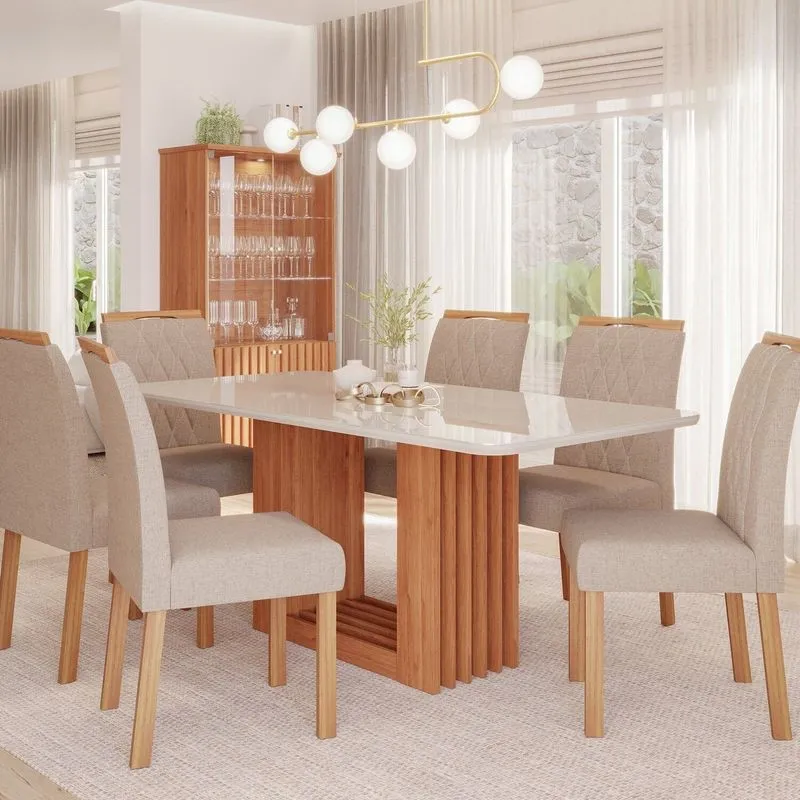 Sala De Jantar Ariela 180cm Com 6 Cadeira Juliana Marrom/cinamomo/off/mad/linho Bege Cinamomo/off/mad/linho Bege
