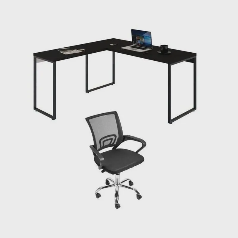 Kit 2 Peças com Mesa para Escritorio em L Industrial 150cm Kuadra e Cadeira de Escritório Diretor