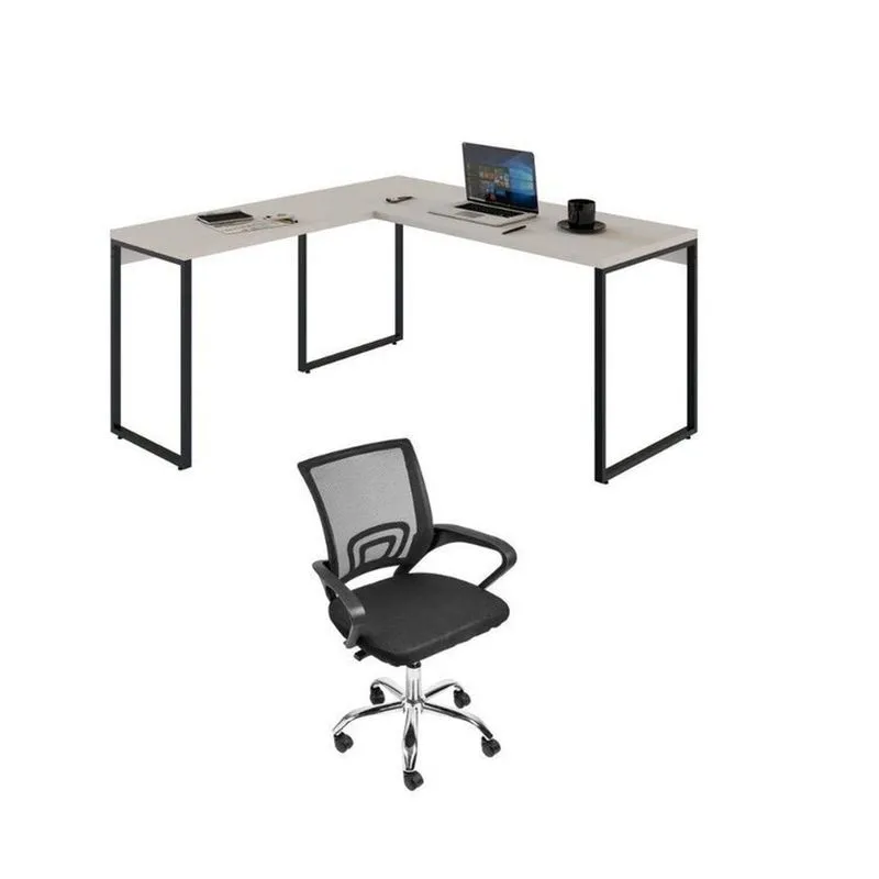 Conjunto 2 Peças Com Mesa Para Escritorio Em L Industrial 150cm Kuadra E Cadeira De Escritório Diretor Tok Branco Branco
