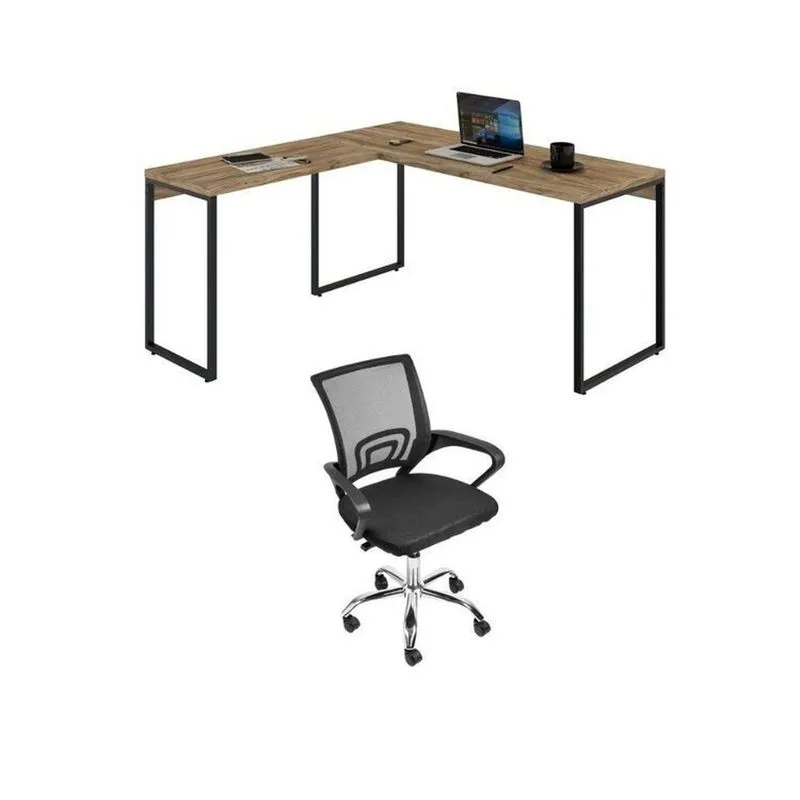 Conjunto 2 Peças Com Mesa Para Escritorio Em L Industrial 150cm Kuadra E Cadeira De Escritório Diretor Tok Carvalho Bege Carvalho