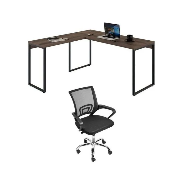Conjunto 2 Peças Com Mesa Para Escritorio Em L Industrial 150cm Kuadra E Cadeira De Escritório Diretor Tok Nogal Marrom Nogal