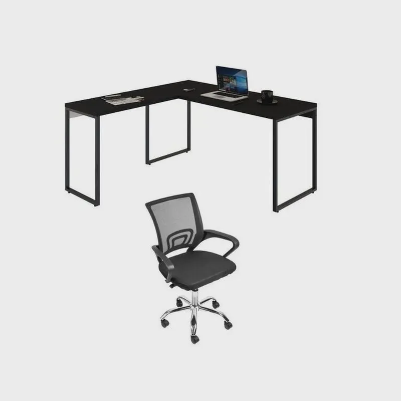 Kit 2 Peças com Mesa Escritório em L Industrial 150cm Kuadra e Cadeira de Escritório Diretor