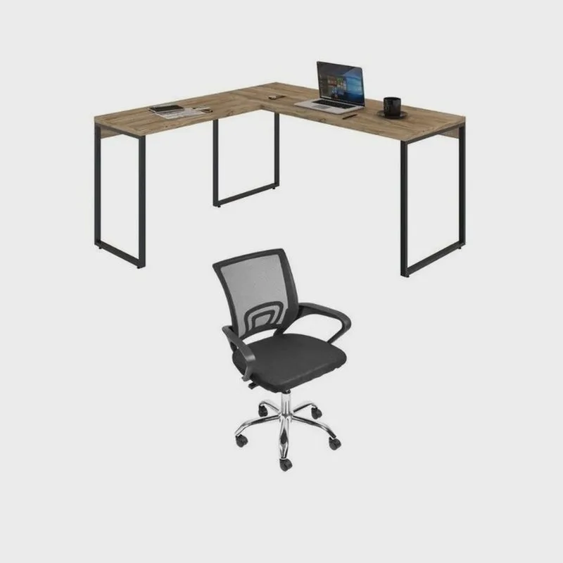 Kit 2 Peças com Mesa Escritório em L Industrial 150cm Kuadra e Cadeira de Escritório Diretor