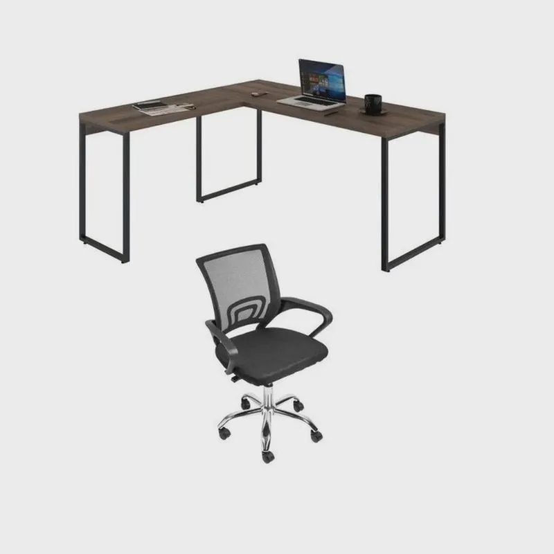 Kit 2 Peças com Mesa Escritório em L Industrial 150cm Kuadra e Cadeira de Escritório Diretor