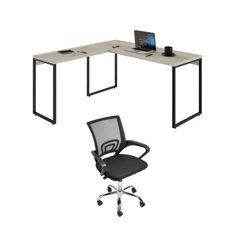 Conjunto 2 Peças Com Mesa Escritório Em L Industrial 150cm Kuadra E Cadeira De Diretor Santiago Bege Bege