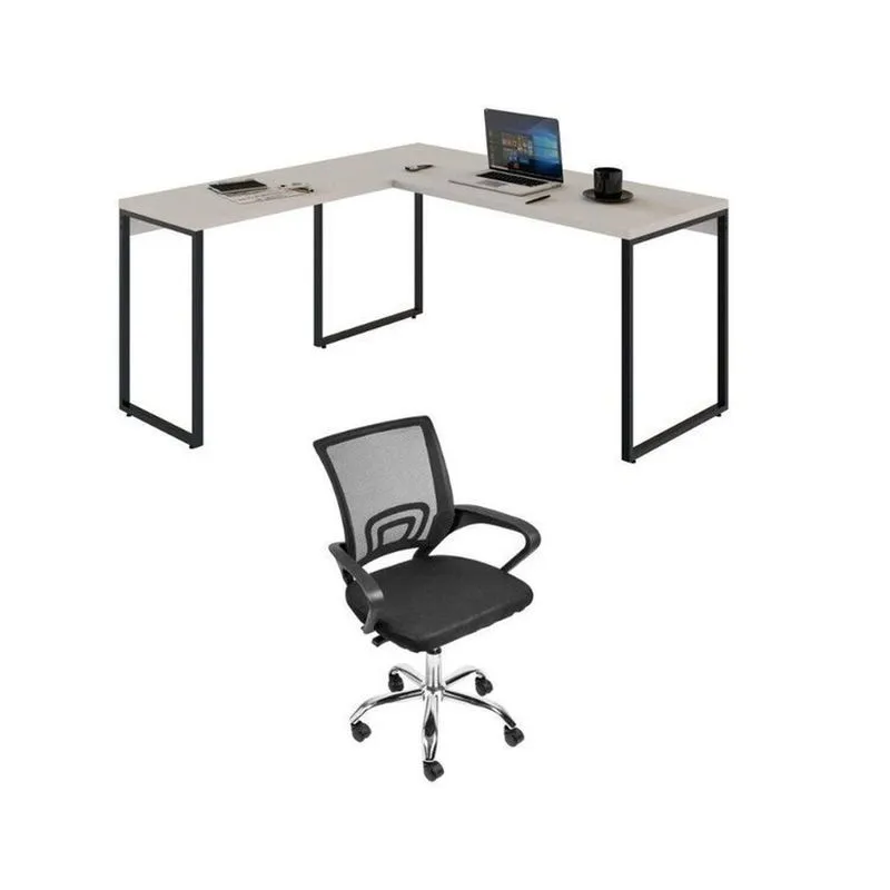 Conjunto 2 Peças Com Mesa Escritório Em L Industrial 150cm Kuadra E Cadeira De Diretor Santiago Bege Branco Bege