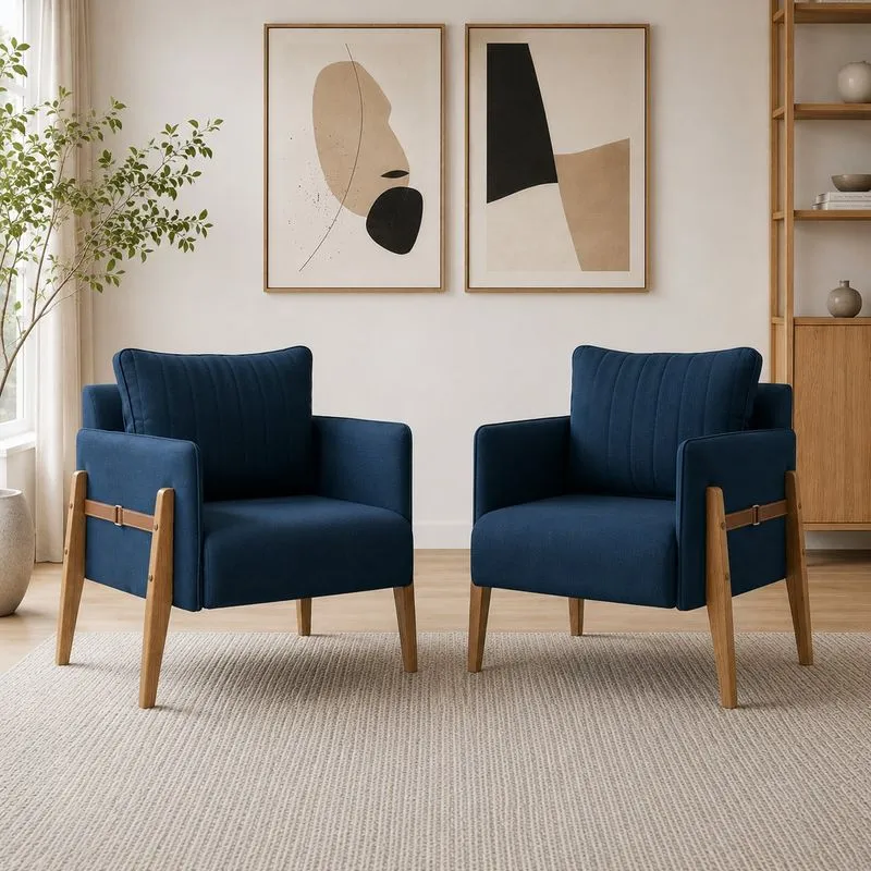 Kit Com 2 Poltronas Decorativa Para Sala De Estar Orion Madeira Maciça Azul Marinho/azul Marinho