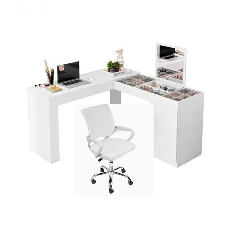 Conjunto Duas Peças 1 Mesa Escrivainha Penteadeira Com Espelho E 1 Cadeira De Escritório Diretor Tok Branco Branco