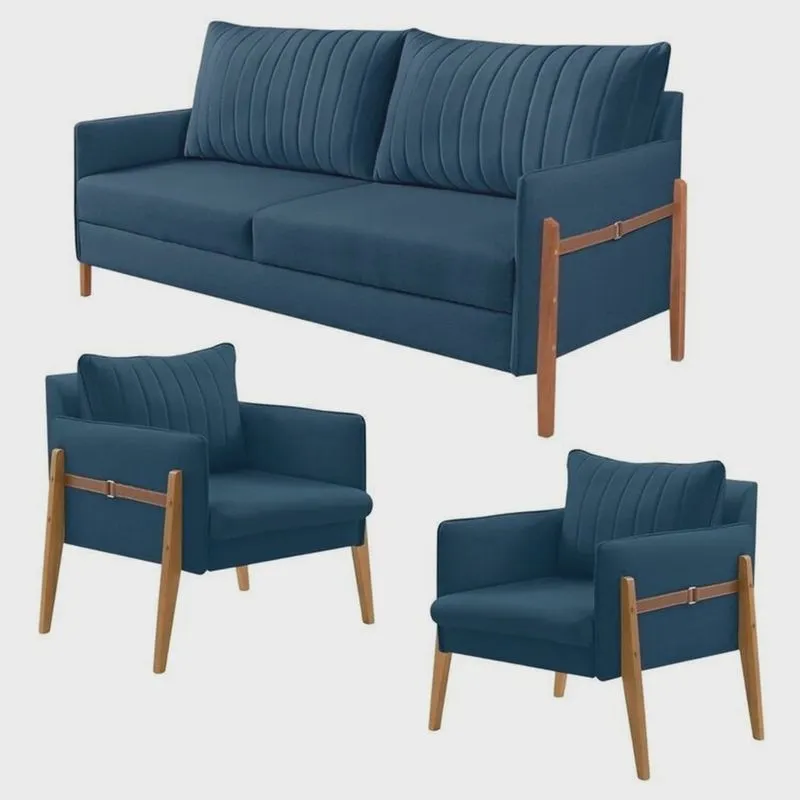 Conjunto de Sala de Estar Orion com 1 Sofá 2 Lugares Living e 2 Poltronas Azul Marinho