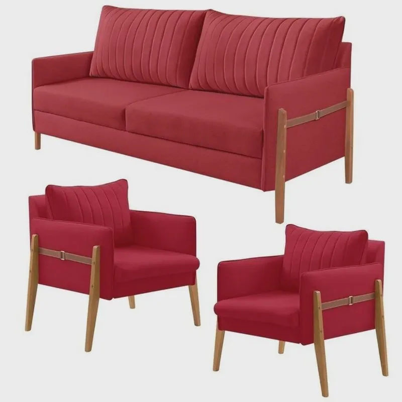 Conjunto de Sala de Estar Orion com 1 Sofá 2 Lugares Living e 2 Poltronas Vermelho