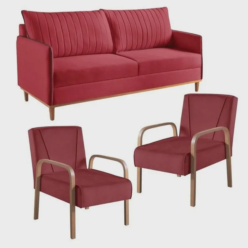 Conjunto de Sala de Estar 1 Sofá Dois Lugares Persa e 2 Poltronas Ágata Vermelho