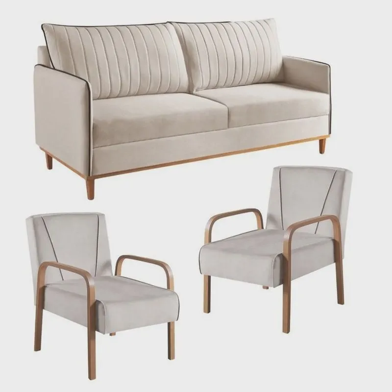 Conjunto de Sala de Estar 1 Sofá Dois Lugares Persa e 2 Poltronas Ágata Bege