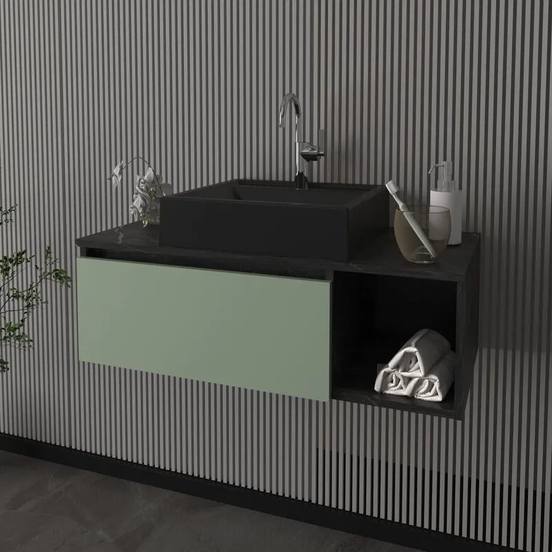 Gabinete Suspenso Para Banheiro 80cm 1 Porta Basculante 1 Nicho Preto/mármore Lunar/verde Mar Mármore Lunar/verde Mar